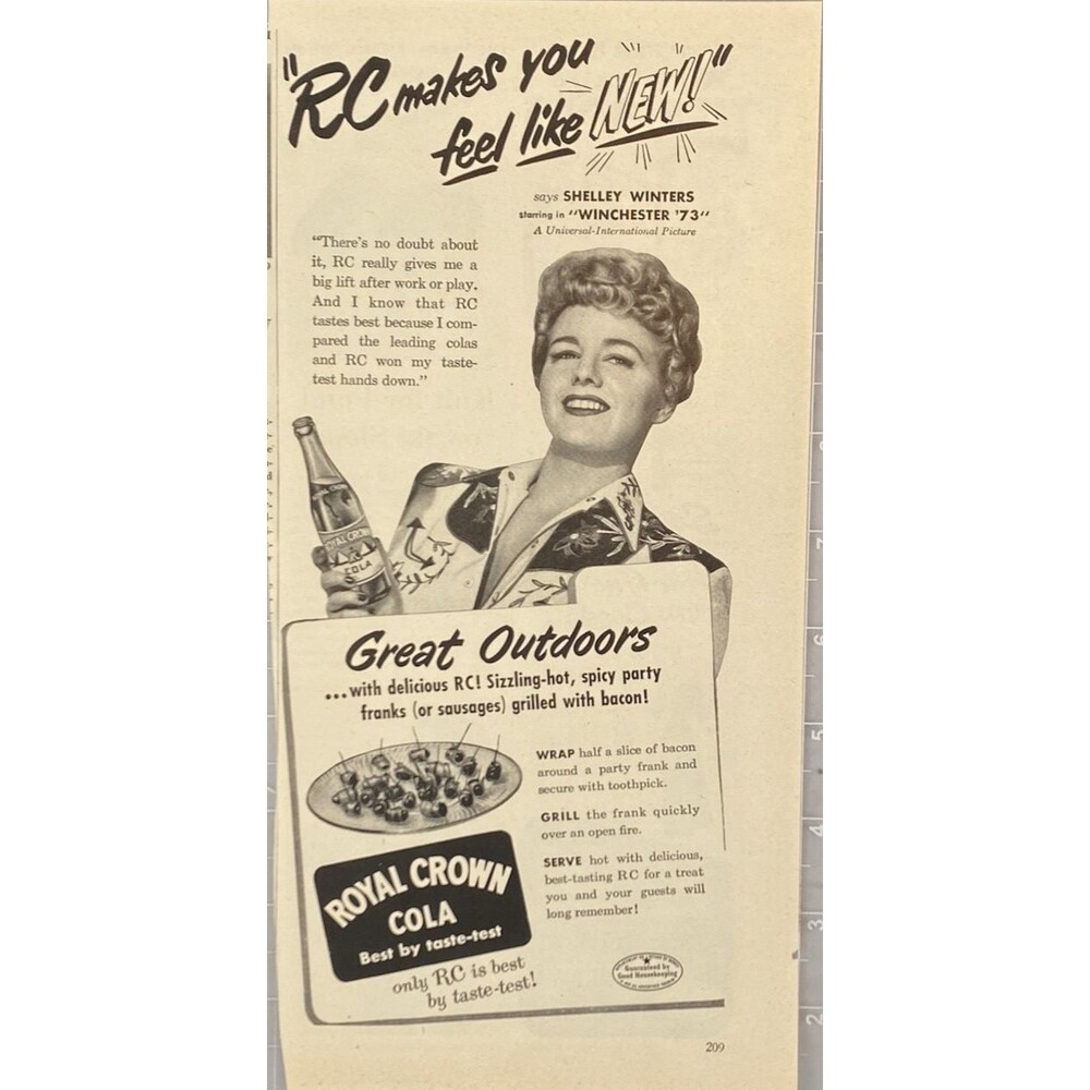 Royal Crown Cola Shelly Winters "RC Makes you feel NEW!" Vtg Print Ad 1950s